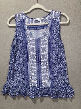 Ava Christine size medium Blue V Neck Ruffle Hem peasant Sleeveless Top